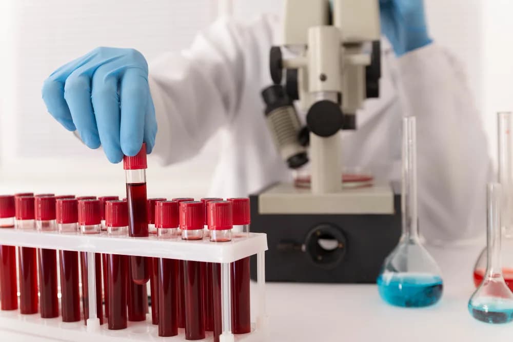 Blood sample tubes in a rack beside a microscope